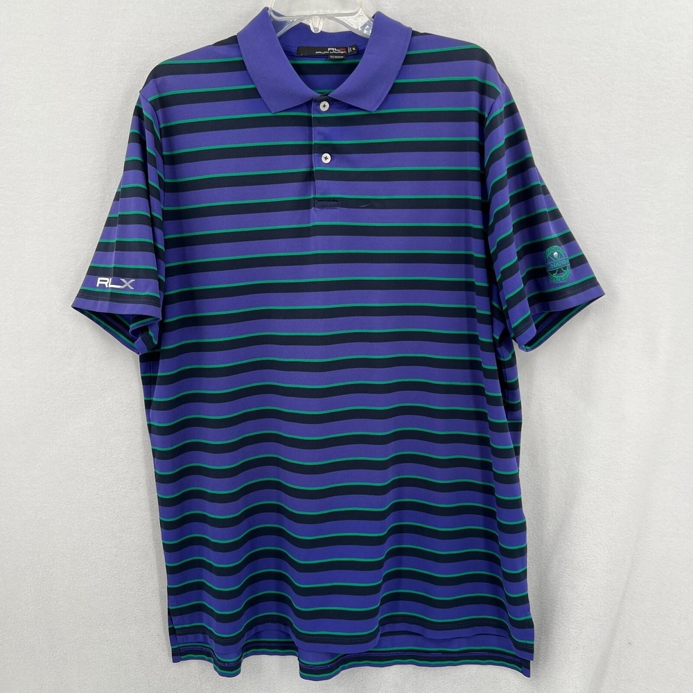 RLX Ralph Lauren Mens Polo Shirt Size XL Purple Green Black Striped Golf Stretch
